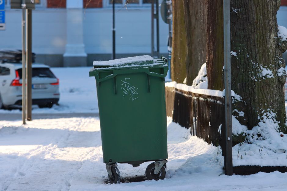 An outdoor scene during winter showing a green wheeled waste bin with a dusting of snow on its lid, positioned on a snow-covered sidewalk next to a wooden fence and a large tree trunk. In the background, a parked silver car is partially visible on a road, with a modern building featuring large glass windows behind it. The snow on the ground appears freshly fallen, with footprints and tire tracks faintly visible. The scene is lit by natural daylight, highlighting the textures of the snow, the bin, and the surrounding environment. This setting reflects a typical exterior scenario encountered during home relocation or packing and moving processes handled by Man with Van Stroud Green, emphasizing the logistics involved in house removals and furniture transport.