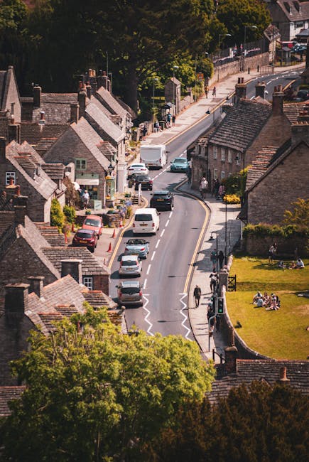 An aerial view of a residential street showing a row of terraced houses with pitched roofs and chimneys, lined along a narrow, gently curving road. Several parked cars occupy both sides of the street, while a white van is seen moving along the road. The scene includes people walking on the pavement, some carrying boxes or bags, indicating recent or ongoing packing for home relocation. In the foreground, mature trees with green foliage partially obscure the view, and a small park or green space on the right side features a few individuals sitting on the grass. The lighting suggests a bright, sunny day with clear weather, and the overall scene depicts typical urban moving logistics, consistent with services provided by Man with Van Stroud Green for house removals and furniture transport.