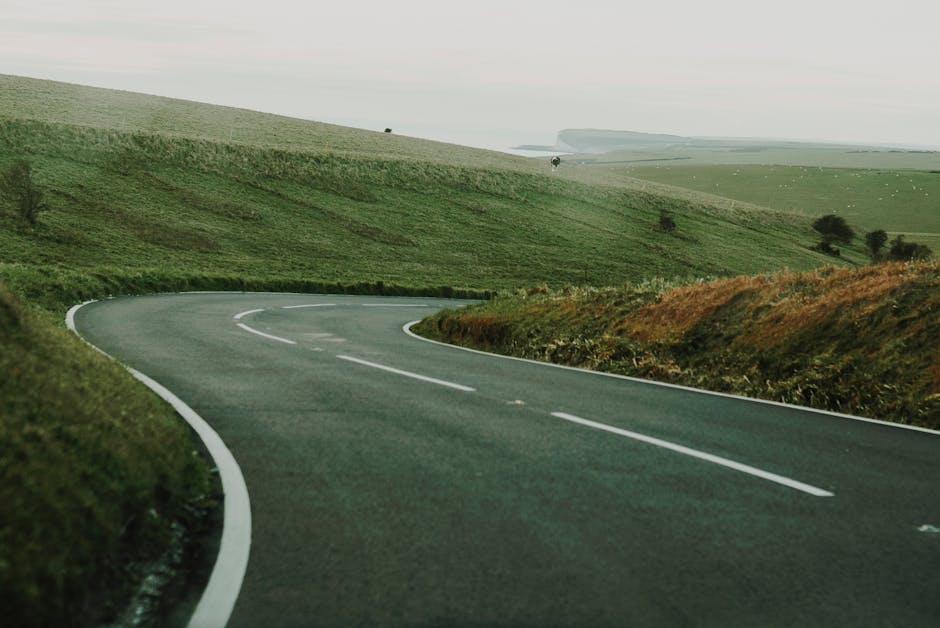 A winding rural road with smooth asphalt surface and white dashed centre lines extends through a landscape of gently rolling green hills. The sides of the road are bordered by grassy verges and low-ly