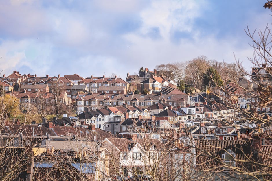 A daytime view of a residential UK neighbourhood with multiple rows of terraced and semi-detached houses, featuring tiled roofs and brick or painted facades, situated on a hillside. In the foreground, leafless tree branches partially obscure the view, indicating colder seasons. The sky is partly cloudy with patches of blue visible. This scene depicts a typical urban setting where house removals and furniture transport may take place, illustrating the kind of environment where Man with Van Stroud Green offers relocation services. The houses are closely packed, and some rooftops have chimneys and dormer windows. The image captures the exterior of residential buildings, suggestive of a home relocation process, with no vehicles or moving equipment visible in this particular shot.